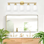 5-Light Vanity Lights, Brushed Gold Bathroom Light Fixture with Striped Textured Milky White Glass Shade, E26 Modern Vanity Lighting Fixture for Bathroom Wall Sconce Light Over Mirror