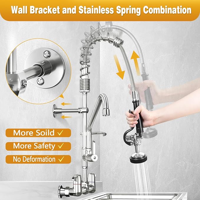 Commercial Kitchen Faucet with Sprayer for Restaurant-Chefs: BESTJEEF Commercial Sink Faucet for Cook - 25" Height 8" Center Wall Mount Kitchen Faucet with Stainless Spring Spray and 10" Add-On Spout
