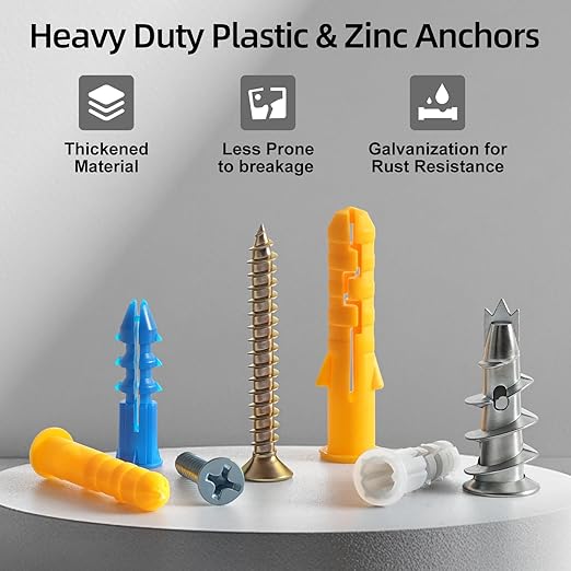 Drywall Anchors and Screws Assortment Kit 286PCS, 143 Plastic & Zinc Dry Wall Anchors and 143 Philips Flat Head Screws, 5 Sizes Short and Long for Hanging Picture,Curtain Rod
