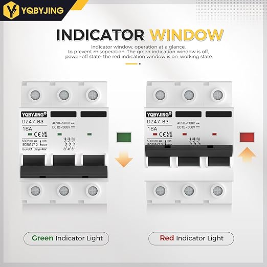 DC Circuit Breaker 16 Amp Solar Panel Disconnect Switch 12V-500V 3 Poles Miniature Solar Circuit Breaker for Outdoor PV Homes Battery, AC 110V DIN Rail MCB