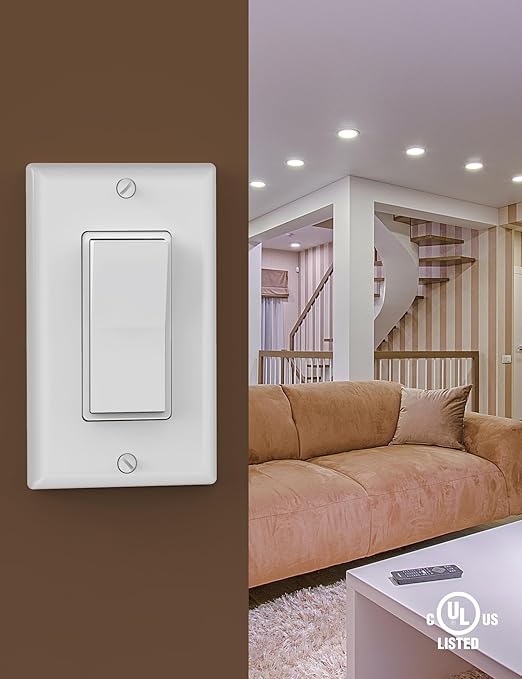 AIDA Single Pole Rocker Decorator Light Switch, 15 Amp Self-grounding Electrical Light Switches, Wall Plate Included, Residential Grade, UL Listed (10 Pack, Glossy White)