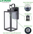 LIT-PaTH Dusk to Dawn Outdoor Wall Lantern, Wall Sconce as Porch Lighting Fixture, E26 Medium Base Max 60W, Anti-Rust Metal with Glass Shade, Black, 1-Pack