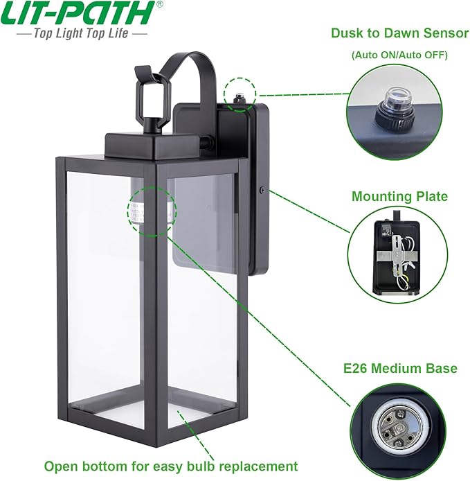 LIT-PaTH Dusk to Dawn Outdoor Wall Lantern, Wall Sconce as Porch Lighting Fixture, E26 Medium Base Max 60W, Anti-Rust Metal with Glass Shade, Black, 1-Pack