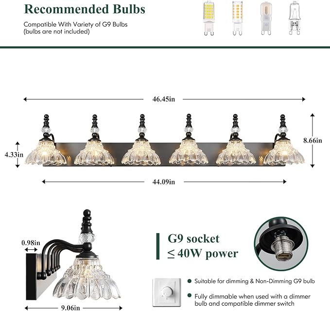 Vintage Bathroom Vanity Light, 6-Light Black Vanity Lighting Fixture with Flower Glass Shade, Bathroom Lighting Fixtures Over Mirror