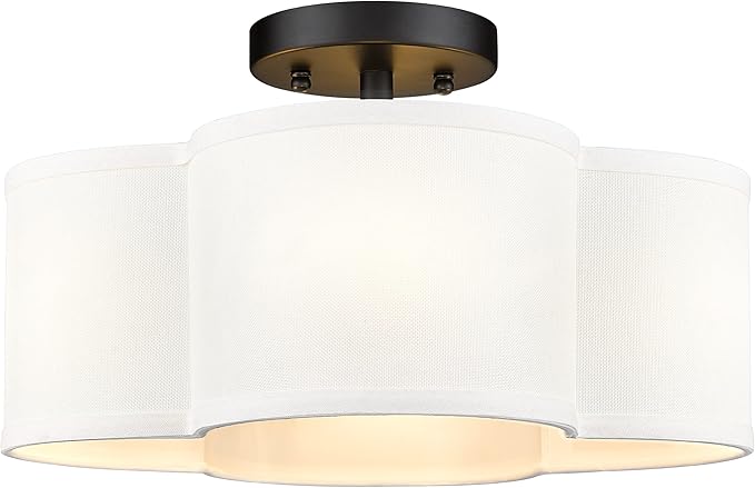 Black Semi Flush Mount Ceiling Light, Close to Ceiling Light Fixtures with Fabric Shade in Quatrefoil Shape, Farmhouse 13-inch Ceiling Light for Kitchen Hallway Bedroom, AD-22007-4SF-BK