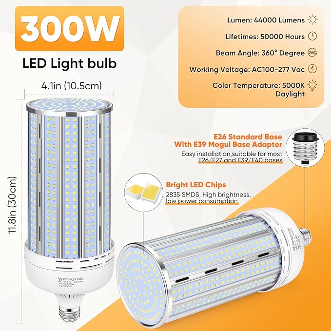 2 Pack 300W Corn LED Light Bulb Fanless,5000K Daylight(3000 Watt Equivalent) E26/E39 Large Mogul Base LED Cob Lamp 44,000LM for Outdoor Indoor Garage Warehouse Factory Workshop Street Backyard