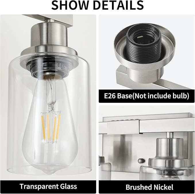 Bathroom Vanity Light, 6-Light Nickel Modern Matte Wall Sconce Lighting with Clear Glass Shade, Wall Lights,Bath Vintage Wall Mounted Lamps for Mirror Bedroom Living Room