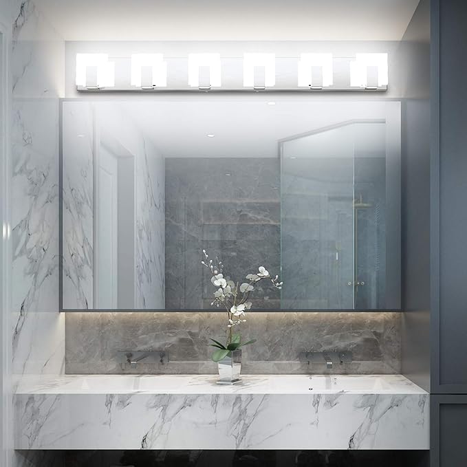 Aipsun 6 Lights Modern LED Bathroom Vanity Light Acrylic Stainless Steel Chrome Up and Down Bathroom Wall Light Over Mirror(White Light 6000K)