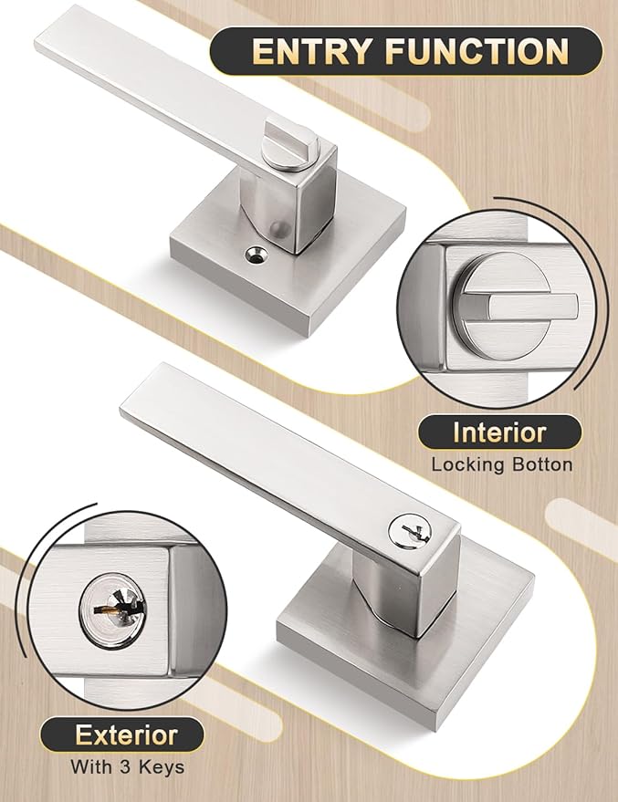 6 Pack Entry Door Levers with Lock and Key, Brushed Nickel Keyed Alike Lockset Combo Pack, Entrance Door Handles for Office and Front Door, Door Knobs Lockset (Each with 3 Keys)