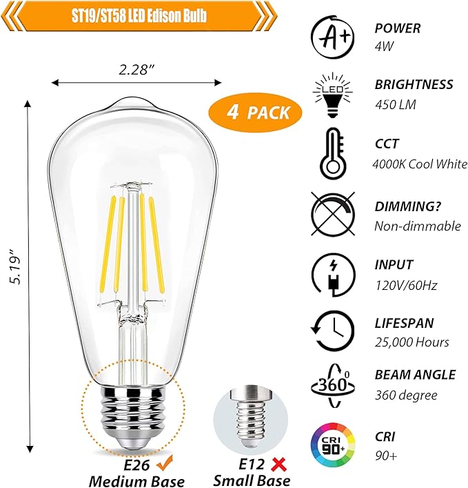 4 Pack Cool White LED Edison Bulbs 40W Equivalent, ST19 4W LED Vintage Light Bulbs for Ceiling Lamp, Non-Dimmable, 90 CRI, 450LM, E26 Base, 4000K