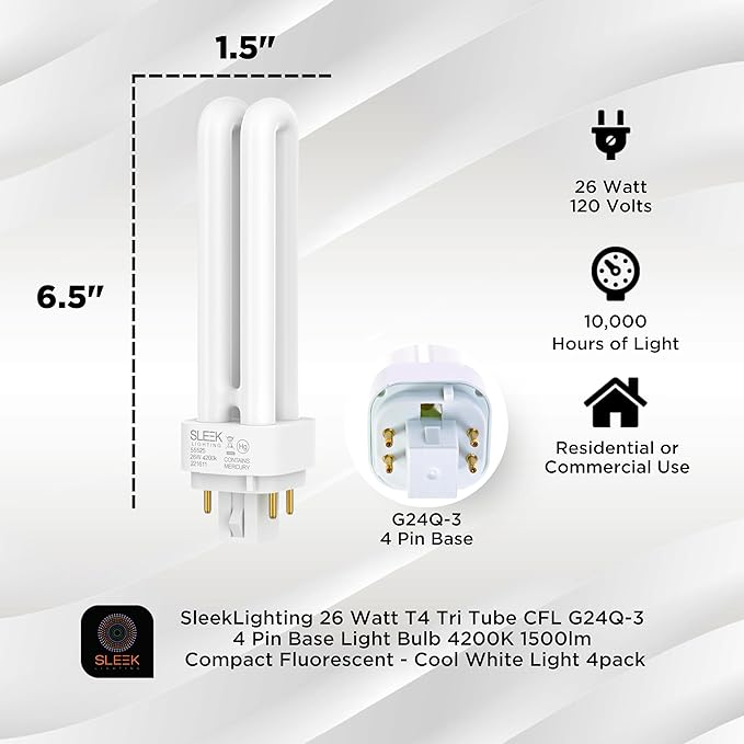 SLEEKLIGHTING 26 Watt T4 Double Tube CFL 4 pin G24q-3 Base Light Bulb 4200K 1500lm -UL Listed,Compact Fluorescent -Cool White Light 4pack