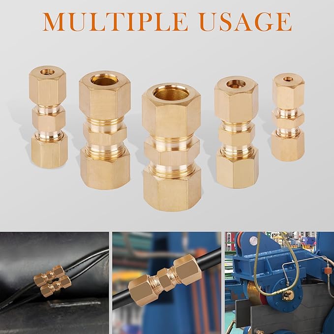 90PCS Brass Tube Pipe Fittings Kit, Nylon Tubing Fittings Assortment 1/8" 3/16" 1/4" 3/8" 1/2" OD Compression Union Straight Connector & Sleeves Ferrules for Truck Airlines and Industrials