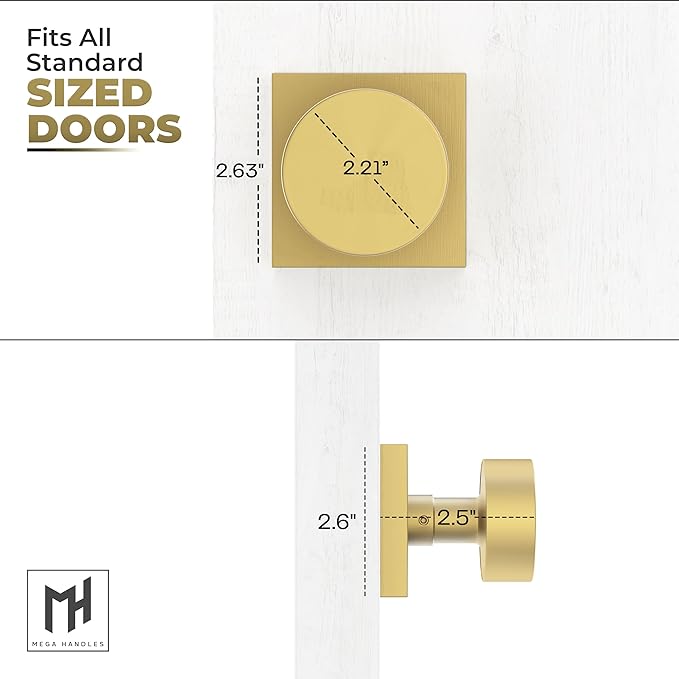 Mega Handles SUANA Dummy Door Knob for Hallway, Closet and Bathroom, Reversible Heavy Duty Design Door Knobs, Fits All Standard Door Sizes, Screws Included - Satin Brass (2 Pack)