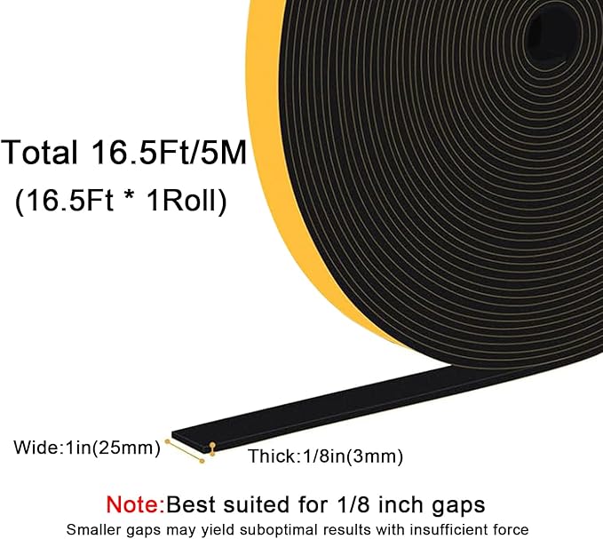 Weather Stripping Strong Adhesive 1 inch x 1/8 inch Weather Stripping Door Seal Closed Cell Foam Insulation Tape for Window and Doors,Total 16.5Feet (16.5Ft x 1 Roll)