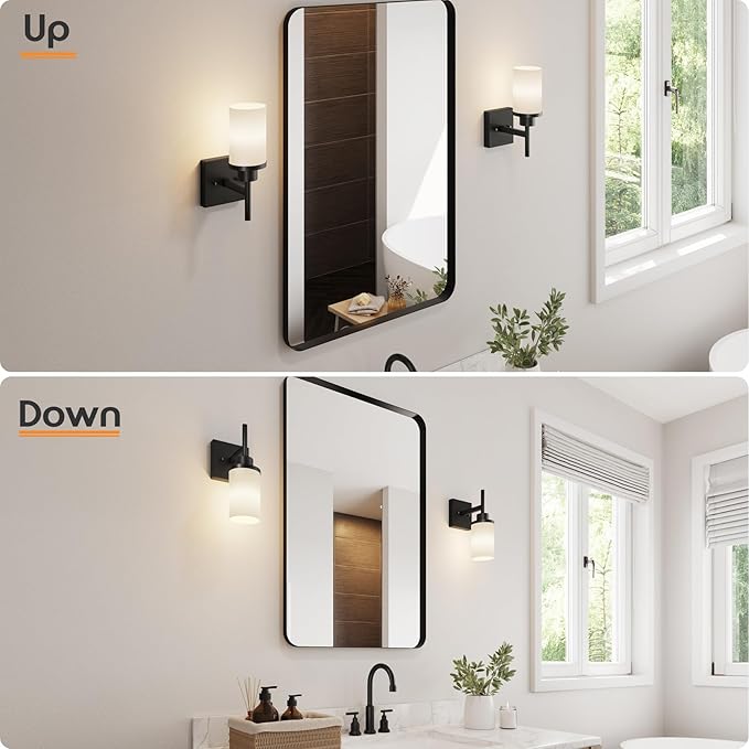 Wall Light Fixtures Matte Black Bathroom Vanity Lights Over Mirror with White Frosted Glass, Wall Lamps for Hallway Washroom Porch Entrance T001MB-L1