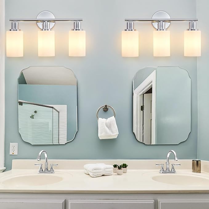 DLLT 3-Light Bathroom Light Fixtures: Chrome Modern Vanity Lights with E26 Bulbs - Milky White Glass Shade Bathroom Wall Lamp for Mirror Kitchen Living Room Hallway Cabinet Porch