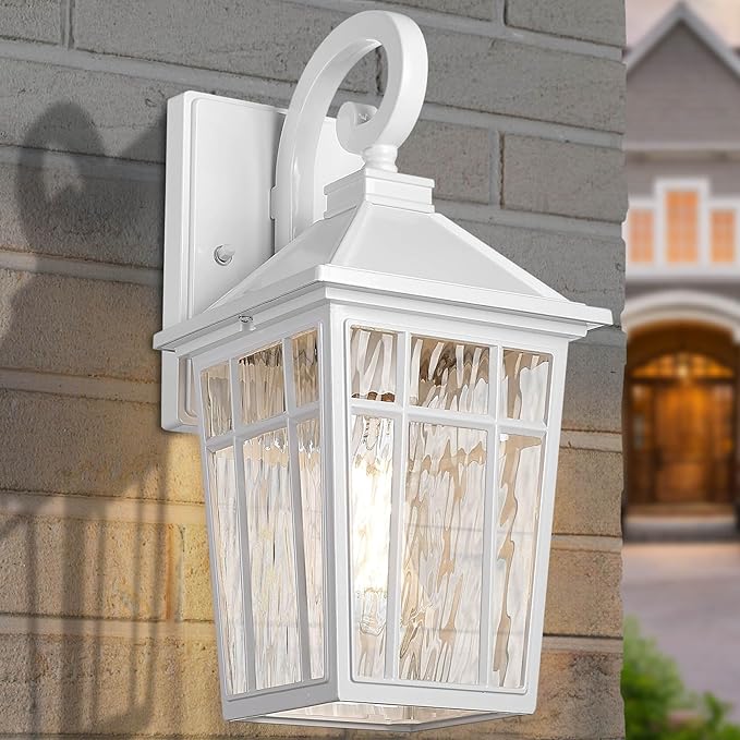 Darkaway Outdoor Wall Lights for House, Exterior Lighting Fixtures Wall Mount Outside Porch Lights Waterproof White Outdoor Sconce Lights with Water Ripple Glass for Patio Garage Front Door