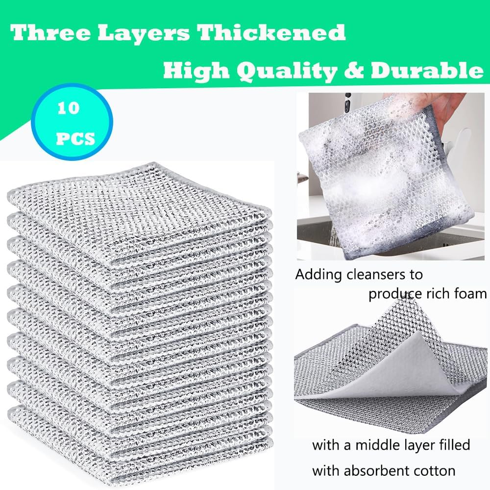 10 Pcs Upgrade 3-Layer Dish Cloth,Non-Scratch Steel, Premium Scrubbing Multipurpose Wire Dishwashing Rag for Wet and Dry, Kitchen Cleaning,Scrubs Dishes, Sinks Cleans,Home Essentials
