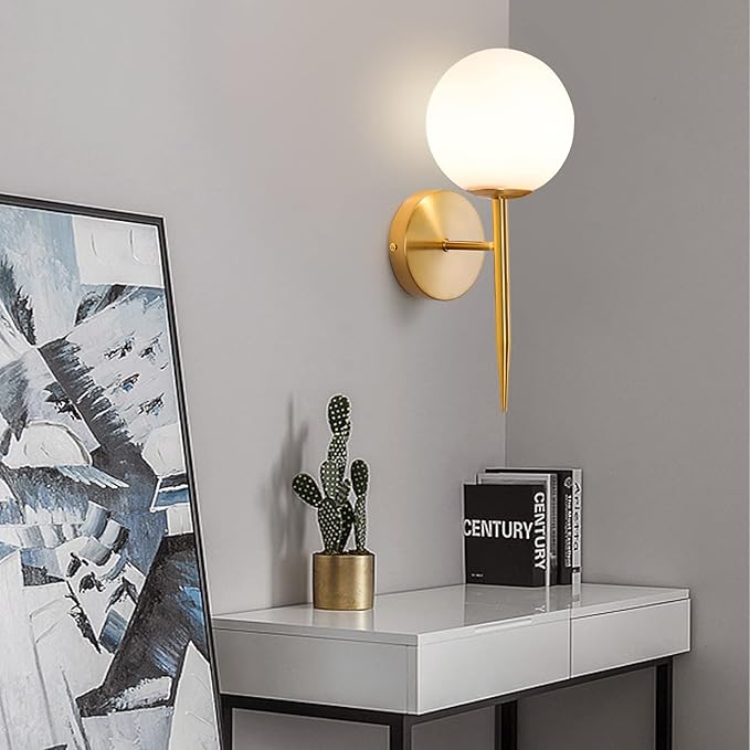 SeeU Brass Wall Sconces Mid Century Style Set of 2,Gold Wall Lamp Fixture,Vanity Light Fixture Wall Lamp with Milky Frosted Globe