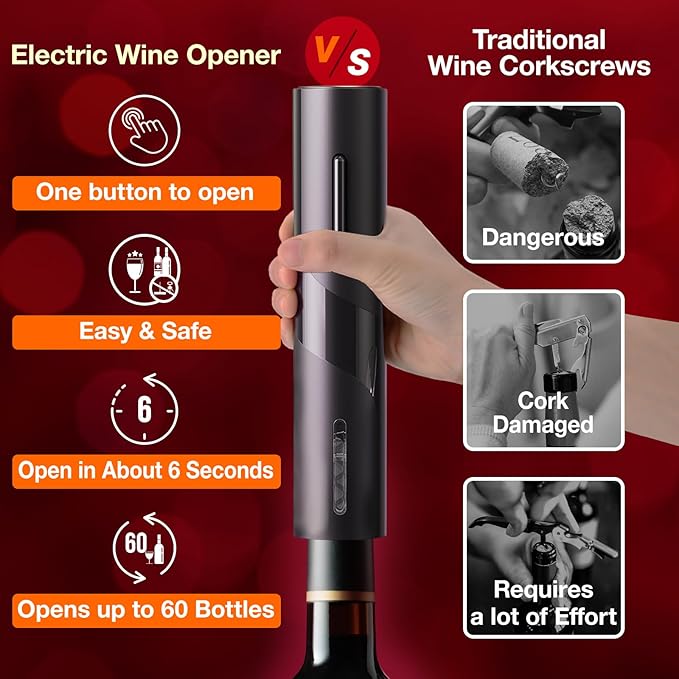 Electric Wine Opener, Battery-Powered, Cork Puller, Foil Cutter Included, Simple Design, Effortless and Enjoyable Wine Cork Removal, Convenient Wine Accessory, Best Choice for Wine Lovers(Black)