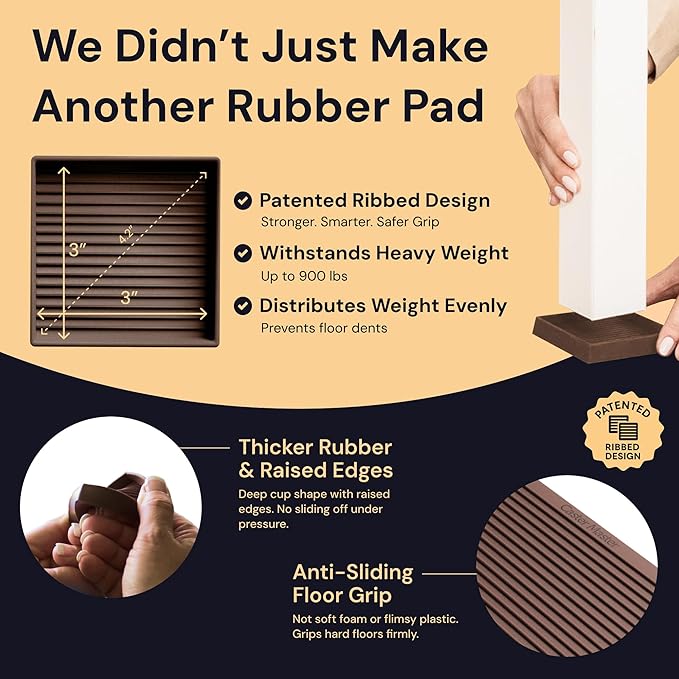 CasterMaster Non-Slip Rubber Furniture Pads - 3 in x 3 in Set of 4 Brown - Floor Protectors for Hardwood Floors & Chairs - Grippers & Rubber Feet for Furniture