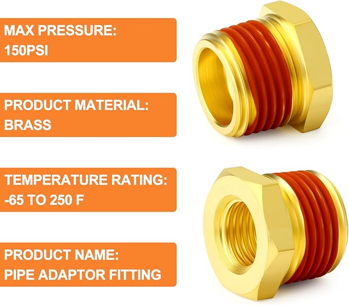 GASHER 5Pcs Brass Reducer Hex Bushing 1/2" NPT Male x 3/8" NPT Female, Brass Threaded Pipe Fitting With Sealant