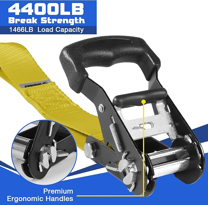 Truck Bed Tie Down Straps Ratchet Set 4 PK 10'x1.5 Inch 4400 lbs Load Rack Roof Car Accessories Heavy Duty Cargo Straps Ratching for Kayak,Moving Furniture,Boat,Trailer,Mattress Tie Downs Rope Yellow