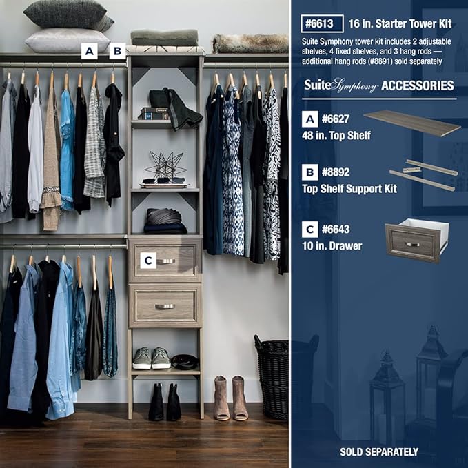 ClosetMaid SuiteSymphony Wood Closet Organizer Starter Kit with Tower and 3 Hang Rods, Shelves, Adjustable, Fits Spaces 4 – 9 ft. Wide, Graphite Grey