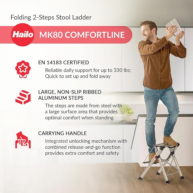 Hailo MK80 Mini Steel Step Stool - Two Large Anti-Slip Steps, 330 lb Capacity - Safety Release Button, Carry Handle - Easy Storage - Silver
