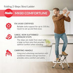 Hailo MK80 Mini Steel Step Stool - Two Large Anti-Slip Steps, 330 lb Capacity - Safety Release Button, Carry Handle - Easy Storage - Silver