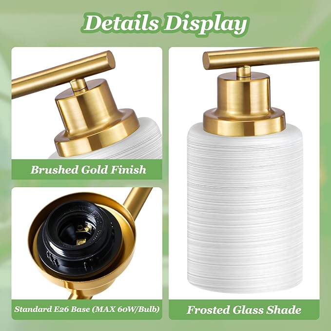 2-Light Vanity Lights, Brushed Gold Bathroom Light Fixture with Striped Textured Milky White Glass Shade, Modern Vanity Lighting Fixture for Bathroom Wall Light Over Mirror, E26 Wall Sconce