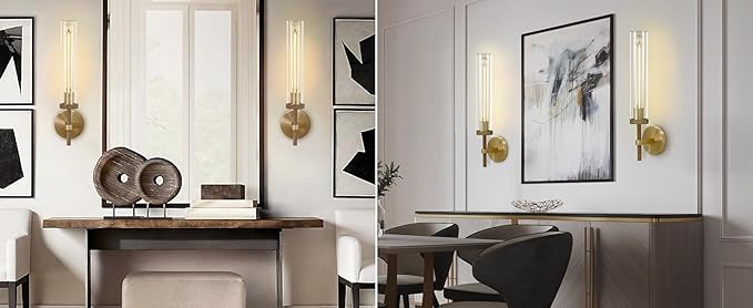 Brass Wall Sconces Set of Two, 19" Knurled Gold Sconces Wall Lighting, Tube Glass Bathroom Sconces Wall Lights for Bedroom Living Room Vanity Sconce Wall Lamp for Hallway, Staircase