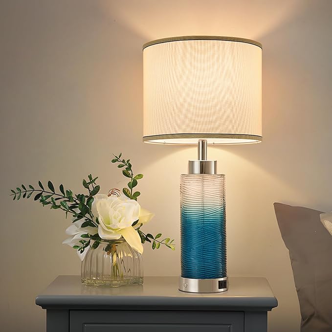 Modern Glass Table Lamps, 3-Way Dimmable Touch Control Bedroom Lamps for Nightstands，Bedside Lamps Set of 2 with USB A+C Ports,Living Room，Home，Office with Linen Shade (Bulbs Included)
