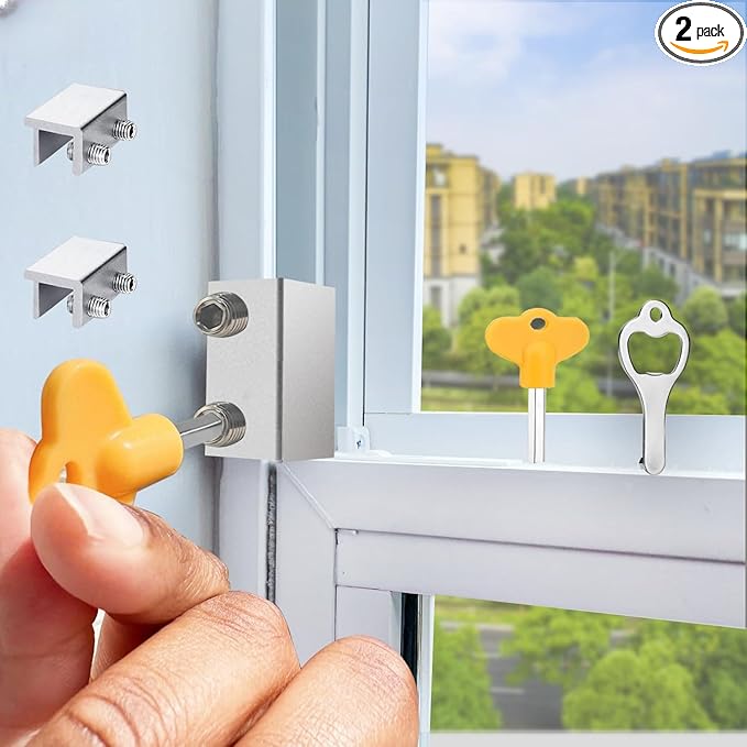 Window Locks,(2 Sets) Sliding Window Locks with Key,Window Locks Security for Up and Down Windows,Adjustable Aluminum Window Stopper,Easv to Install Vertical Window AC Unit Security Lock (Silver)
