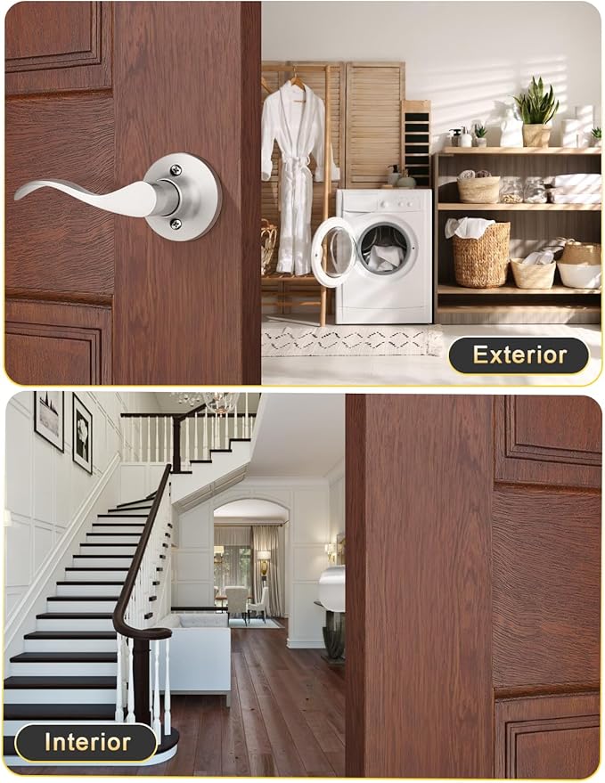 Mengico 1 Set Door Handles Interior,Satin Nickel Door Lever Lock,Interior Dummy Door Handles (Right & Left)