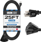 Iron Forge Cable 25 Ft Black Extension Cord with 3 Outlets - 16/3 SJTW 25 Foot Extension Cord 3 Prong, Weatherproof Exterior Power Cable for Outdoor