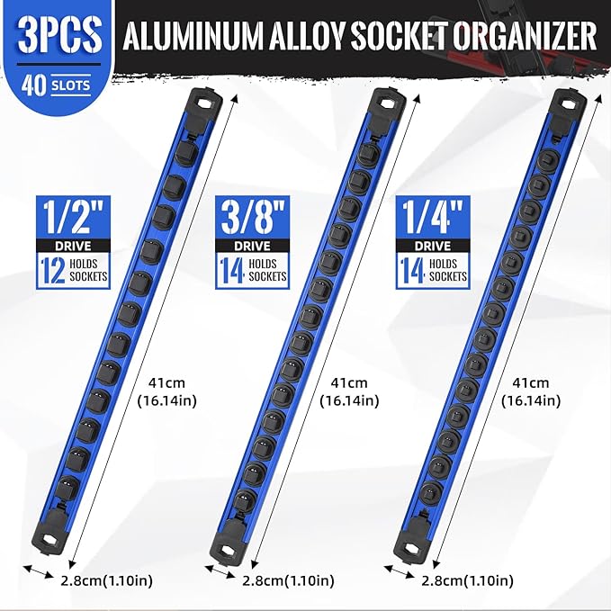 Magnetic Socket Organizer, 3-Piece Heavty Duty Aluminum Socket Holder, Socket Rail for Tool Box, Premium Quality 360° Swivel Socket Rack Kit with 40 Clips for 1/2, 3/8, 1/4-Inch(Blue)