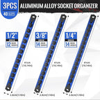 Magnetic Socket Organizer, 3-Piece Heavty Duty Aluminum Socket Holder, Socket Rail for Tool Box, Premium Quality 360° Swivel Socket Rack Kit with 40 Clips for 1/2, 3/8, 1/4-Inch(Blue)