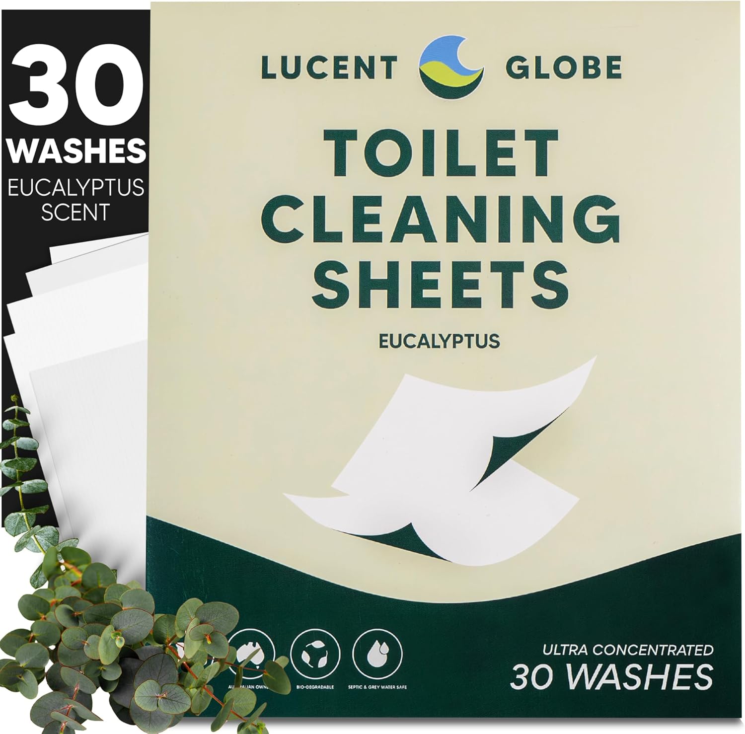 Lucent Globe Toilet Cleaning Sheets | Strips - Tough on Dirt & Stains - Safe for Toilets & Septic Systems - Convenient and Travel Friendly Toilet Bowl Cleaner - Fresh Eucalyptus