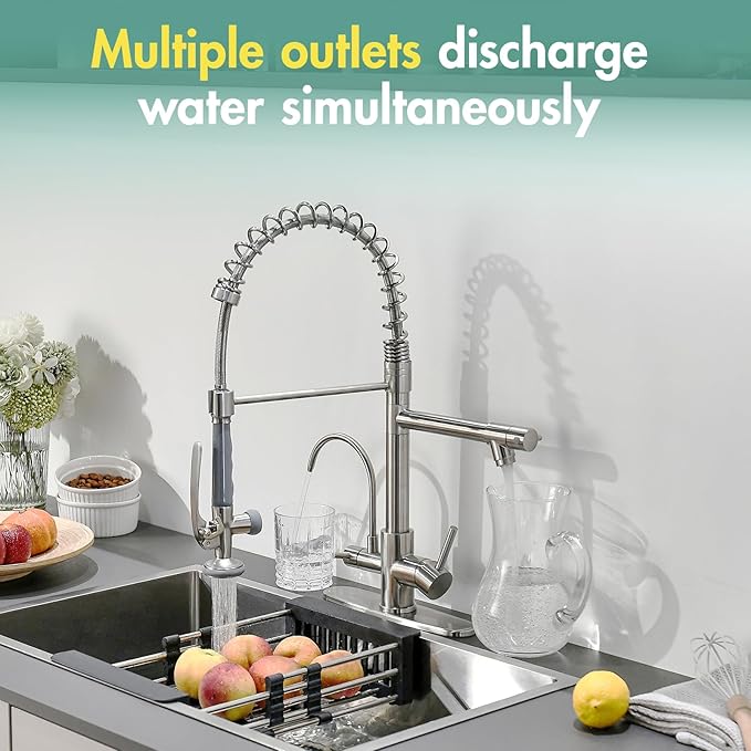 Fapully 3 in 1 Kitchen Faucet with Water Filler and Pull Down Sprayer,Brushed Nickel Commercial Kitchen Sink Faucet with Drinking Water Faucet
