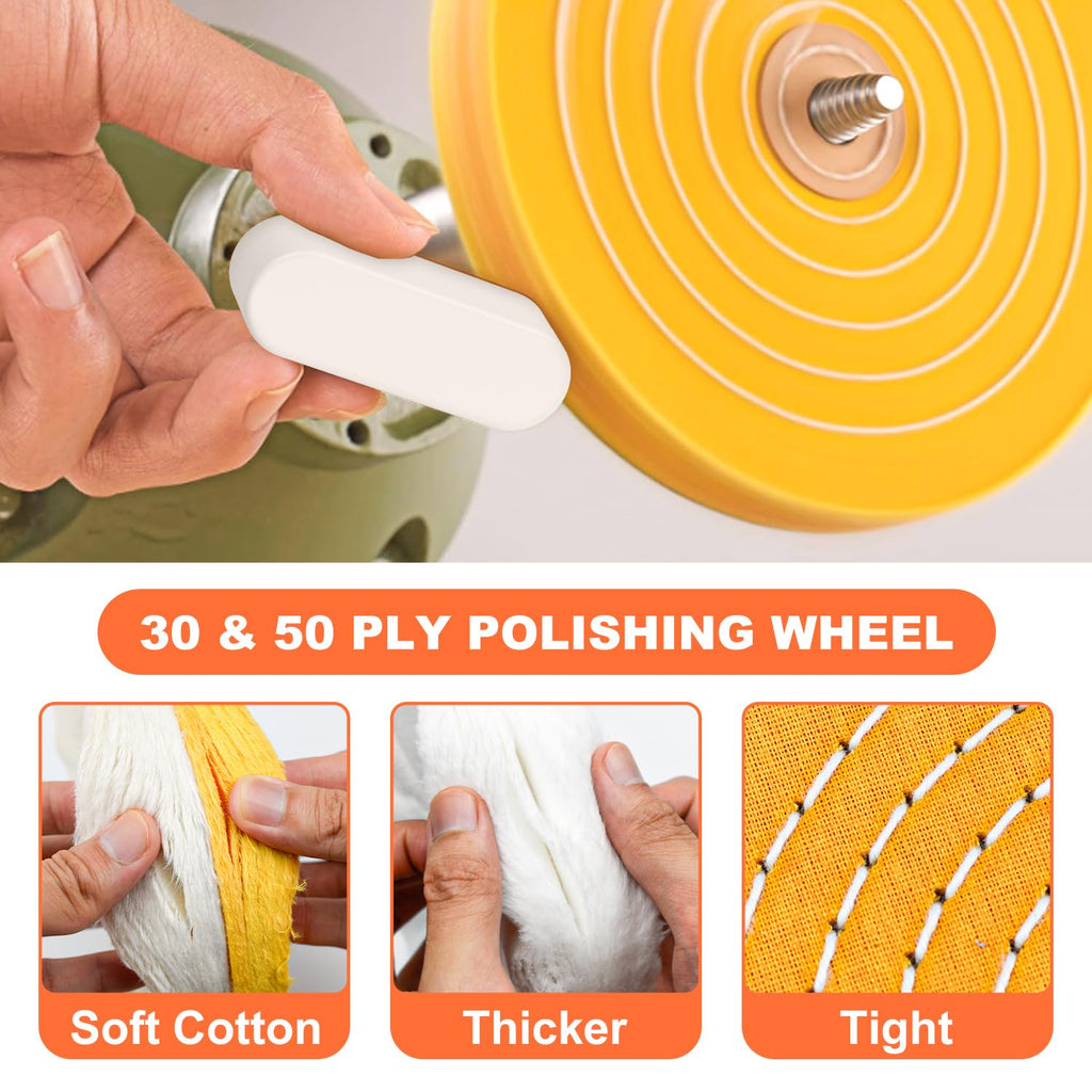 6 Pack 8 Inch Polishing Wheel for Bench Grinder, Include 5/8" Arbor Hole 1 Yellow Cotton(42Ply), 1 White Cotton Polish Wheels(50Ply), 1 Soft Flannel Buffing Wheel(30Ply)& 3 Polishing Compound