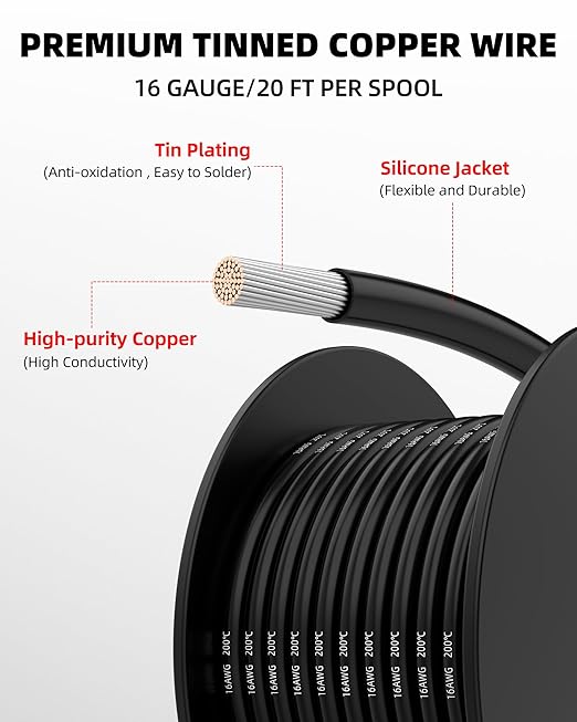 NAOEVO 16 Gauge Wire 120ft, 16 AWG Wire 6 Colors 20ft Each Spool, Flexible Silicone Tinned Copper Electrical Cable, Wiring kit for Breadboard/Automotive/DIY/Battery, 200℃