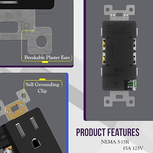 ENERLITES 40 Pack Black Decorator Receptacle, Standard Electrical Wall Outlet, 15A 125V, Self-Grounding, 2-Pole, 3-Wire, 5-15R, UL Listed, 61502-TR-BK, Tamper Resistant