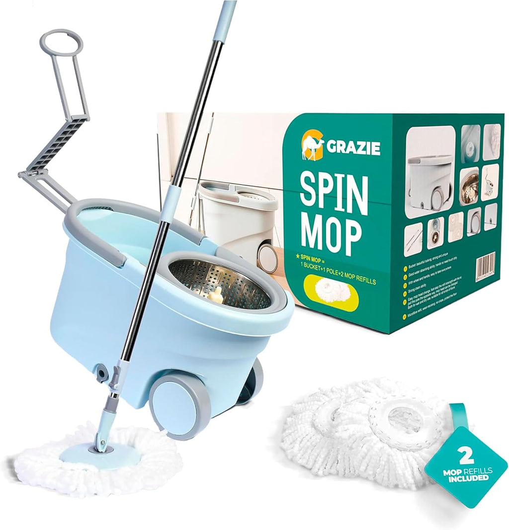 Spin Mop and Bucket Set Cleaning System Wringer 360 Microfiber Mop with Stainless Steel Handle Self Wringing Bucket with Wheels and Drain for Tile Hardwood Laminate Floors Includes 2 Mop Head Refills