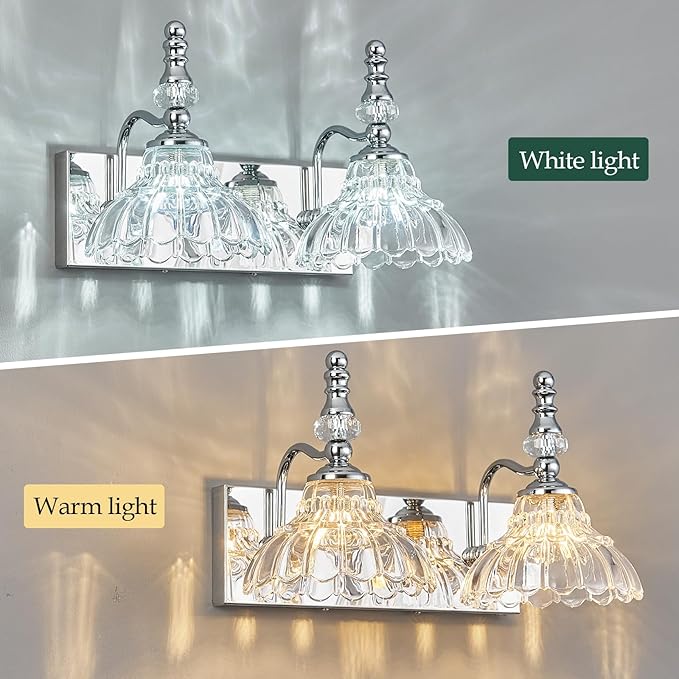 Vintage Bathroom Vanity Light, 2-Light Chrome Vanity Lighting Fixture with Flower Glass Shade, Bathroom Lighting Fixtures Over Mirror