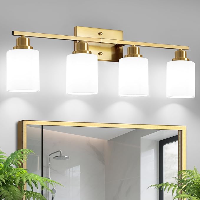 Ascher Bathroom Light Fixtures, 4-Light Vanity Light Over Mirror, Gold Wall Sconces with Milky White Frosted Glass Shades, Wall Lamp for Living Room Bedroom, E26 Base(Bulbs Not Included)