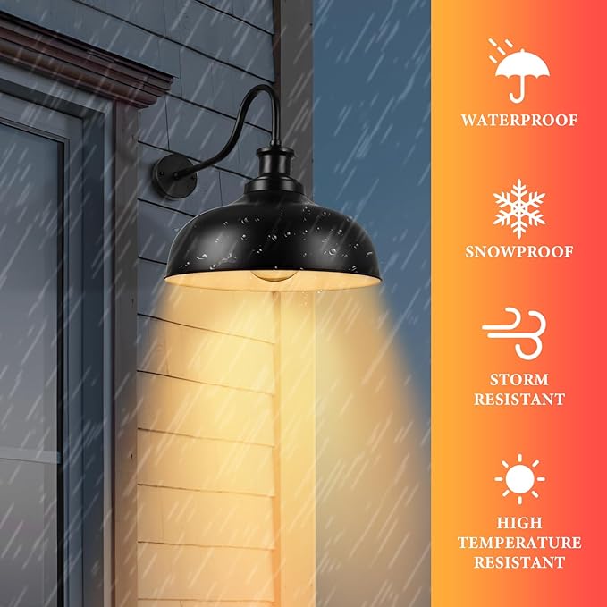 Outdoor Gooseneck Barn Lights,14 Inch Dome Outdoor Wall Sconce Farmhouse Exterior Wall Mount Light Vintage Wall Lighting Fixture Industrial Black Wall Lantern for Porch, Entryway, Garage, 2 Pack