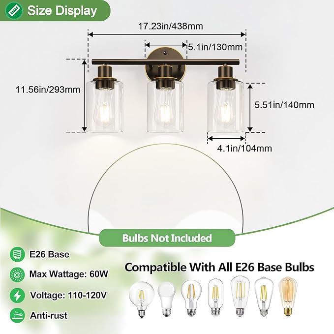 3-Light Bathroom Light Fixtures, Brown and Gold Bathroom Wall Lights, Modern Vanity Light with Clear Glass Shade, Bathroom Wall Lamp for Mirror Hallway Cabinet