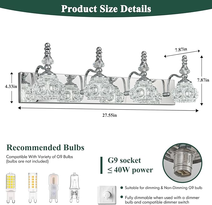 4-Light Vintage Bathroom Vanity Light Fixture Industrial Chrome with Glass Shade Vanity Light Fixtures Over Mirror Glass Bathroom Vanity Lighting Fixtures G9 Bulb Wall Lights