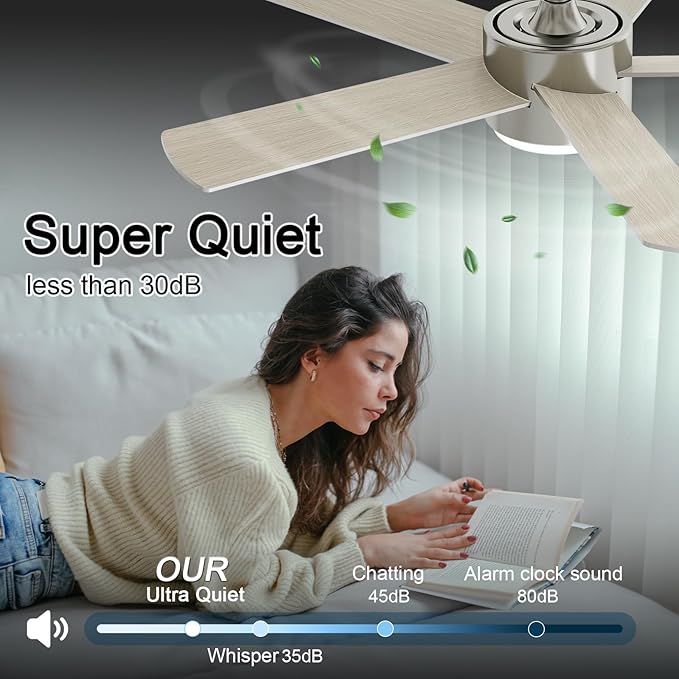 42 Inch Brushed Nickel Ceiling Fans with Lights,Ceiling Fan with Remote Control,Reversible DC Motor,3 CCT 6-Speed,Noiseless Ceiling Fan for Bedroom,Living Room,Dining Room,ETL Listed